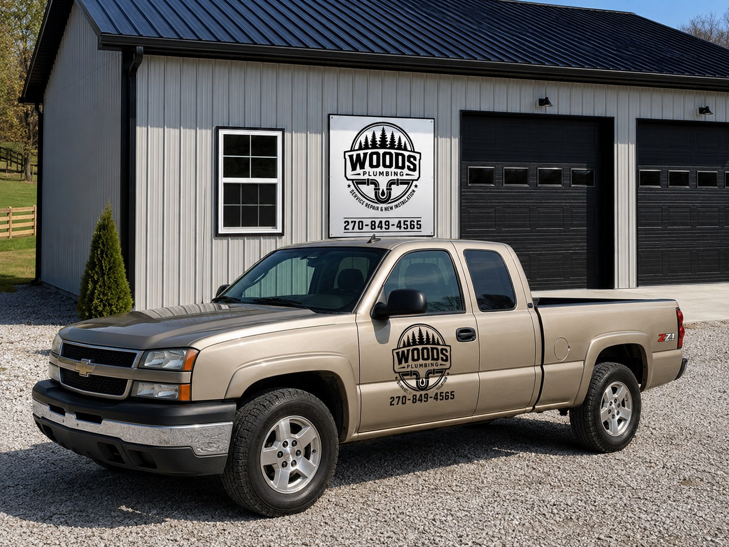 Woods Plumbing branded service truck parked outside the company building